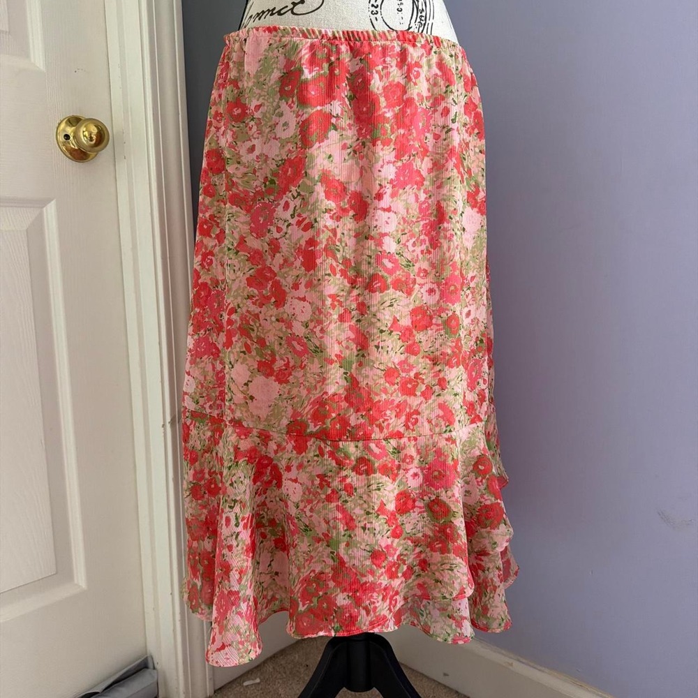 Kim Rogers Signature pink/red floral midi skirt with ruffle hem